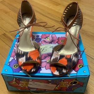 Brown and orange fabric with tan leather 3 inch heel